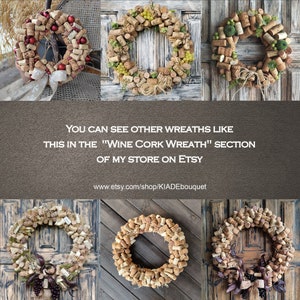 May include: A collection of six wreaths made from wine corks. The wreaths are decorated with various natural elements, including grapes, berries, and leaves. The wreaths are displayed against a wooden background.