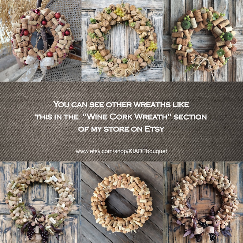 May include: A collection of six wreaths made from wine corks. The wreaths are decorated with various natural elements, including grapes, berries, and leaves. The wreaths are displayed against a wooden background.