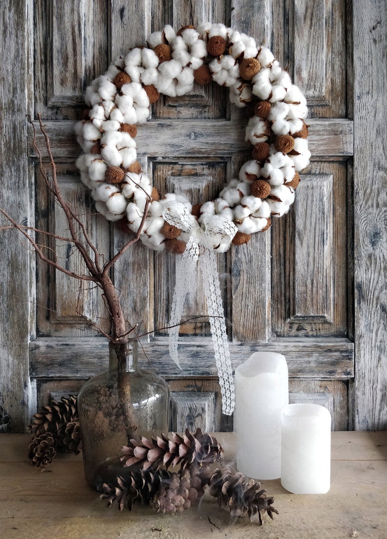 Boho Cotton Wreath Handmade Cottagecore Door Decor with Dried Flowers image 10