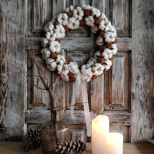 Boho Cotton Wreath Handmade Cottagecore Door Decor with Dried Flowers image 1