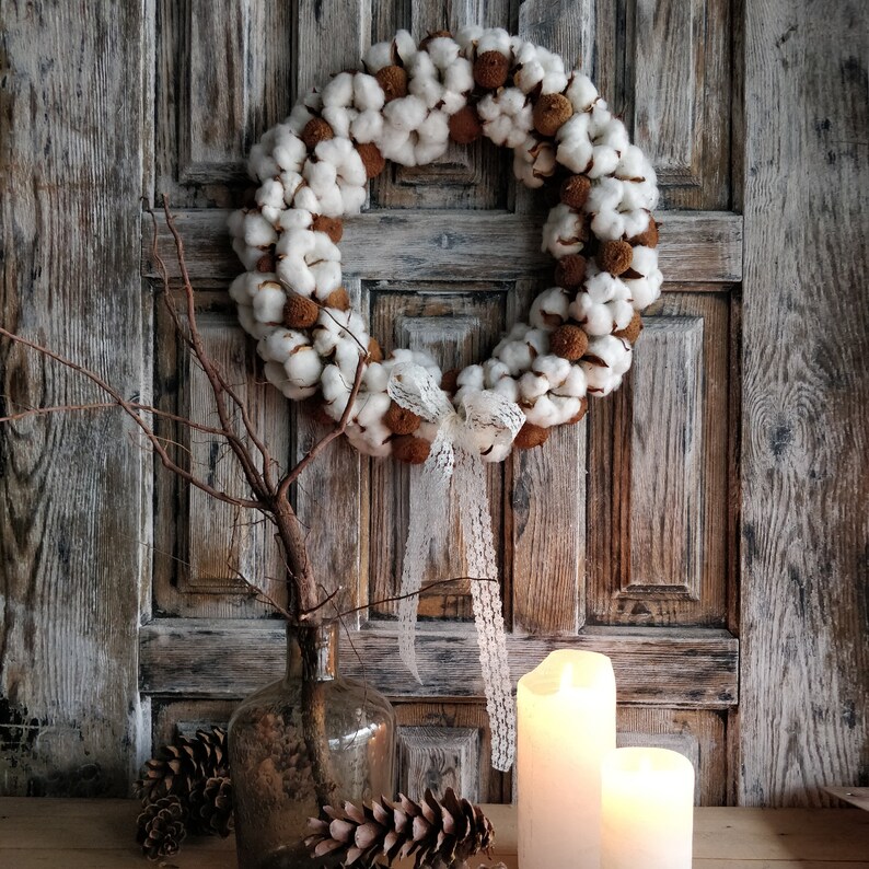 Boho Cotton Wreath Handmade Cottagecore Door Decor with Dried Flowers image 1