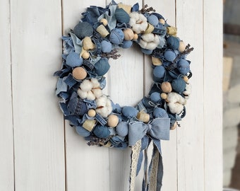 Rustic Denim Wreath | Farmhouse Chic Wall Decor | Recycled Denim | Boho Denim Wall Decor | Front Door Wreath | Denim Party Decor