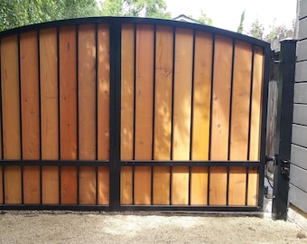 FREE SHIPPING - Custom Automatic Wrought Iron Cumaru Swing Arched Driveway Gate Kit, Wooden Metal Steel Security Gates Kits For Driveways