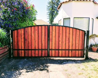 FREE SHIPPING - Custom Automatic Wrought Iron Cumaru Swing Arched Driveway Gate Kit, Wooden Metal Steel Security Gates Kits For Driveways