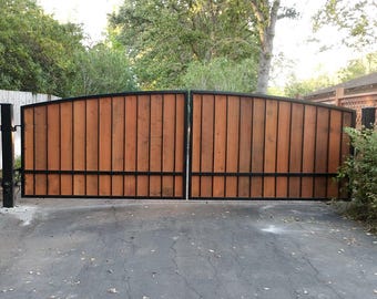 FREE SHIPPING - Custom Automatic Wrought Iron Cumaru Swing Arched Driveway Gate Kit, Wooden Metal Steel Security Gates Kits For Driveways