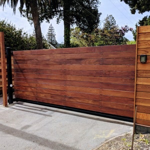 Wooden Driveway Gate Kit | Wrought Iron, Horizontal Ironwood | StandardGates Custom Black Metal Steel & Wood Driveway Gates | Free Shipping