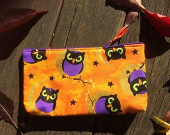 Orange glittery Owl Halloween Make Up Bag / Art Case