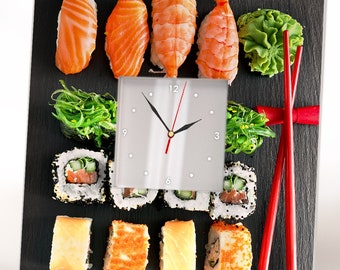 Sushi Japanese Sashimi Roll Wall Clock Framed Mirror Printed Food Art Asian Bar Decor Home Design Gift Restaurant Cafe Bar Cuisine