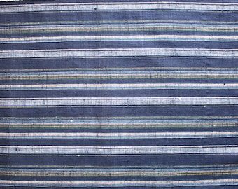 Puede incluir: Un primer plano de una tela de rayas azules y blancas con un brillo sutil. La tela tiene una textura tejida y está hecha de fibras naturales.