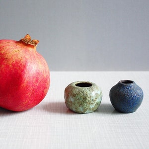 以下が含まれることがあります： 赤いザクロの隣に、小さな陶器の壺が2つあります。1つの壺は緑色の斑点のある釉薬で、もう1つは青色の斑点のある釉薬です。
