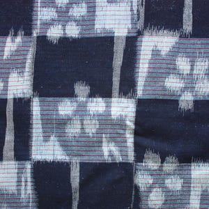 May include: Close-up of a textile with a geometric pattern. The fabric features a dark navy blue background with a grid of white and grey shapes. Thin red lines add detail to the design. The overall look is textured and abstract.