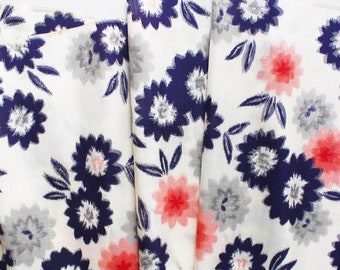 Japanese Silk Kimono - Meisen - Ikat Textile Scrap with Flower Pattern in navy and pink shades