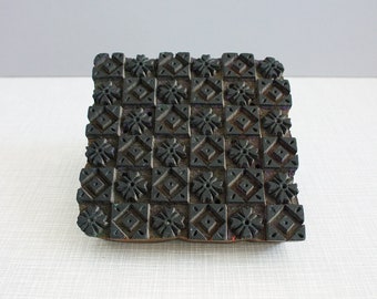 Vintage Indonesian Solid Wood Batik Stamp, Floral Geometric Pattern