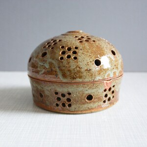 以下が含まれることがあります： ドーム型の蓋が付いた茶色と緑の陶器の壺。蓋と壺の両方に小さな穴の模様が施されています。