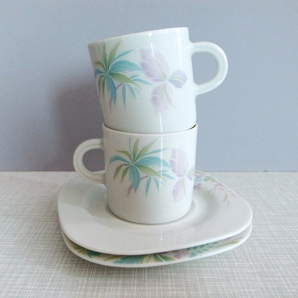 German Vintage Scherzer Bavaria Germany Coffee / Tea Cup and Saucer with Modernist Form Pastel Tropical Leaves Pattern