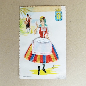 Postal de traje tradicional bordado vintage espanhol dos anos 60 - 70 / Tenerife (canaria)