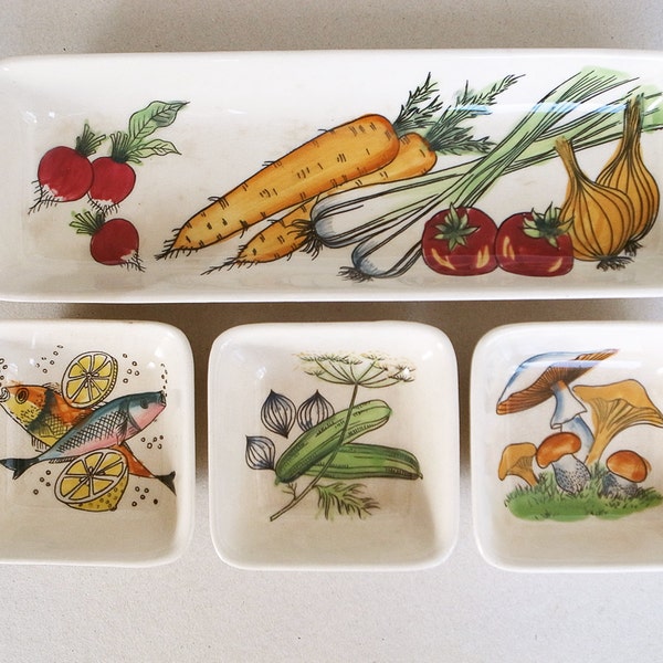 Vintage Mid Century condiment dish Set 1 Rectangle Tray and 3 Square Plates with hand painted vegetables