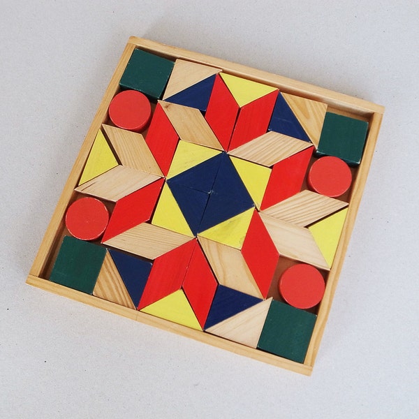 Vintage Colorful Wooden Building Block Geometric Trapezium, Square, Rectangle, Circle