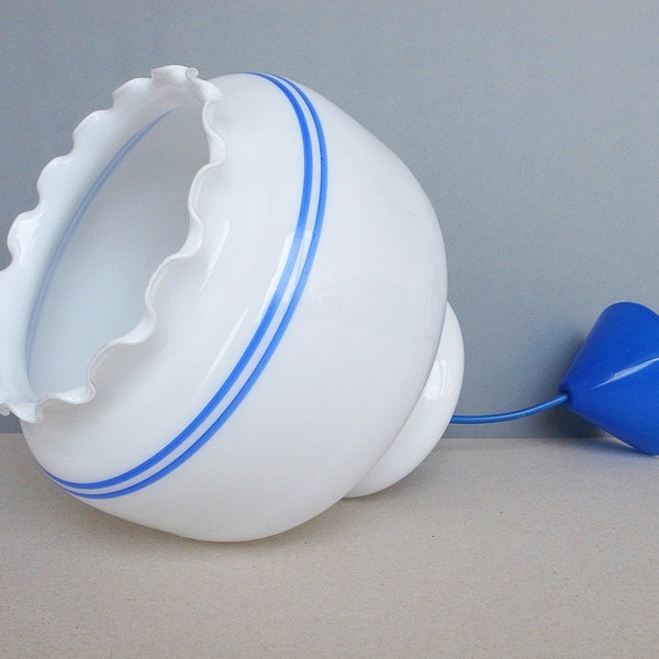 French Belgian Vintage Milk Glass Opaline Lamp Shade with Blue Lines Large Jellyfish Shape Mid Century Ceiling Hanging light