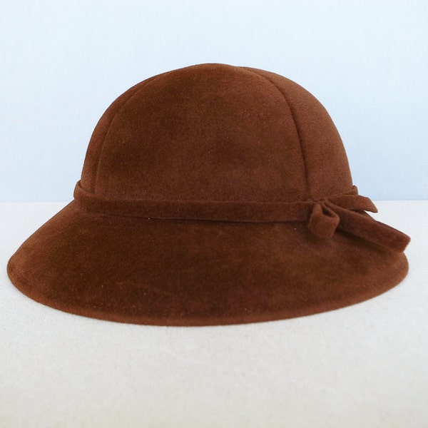 French Vintage Brown Wool Felt Woman's Cloche Hat / Bowler Hat - Taupé Véritable -