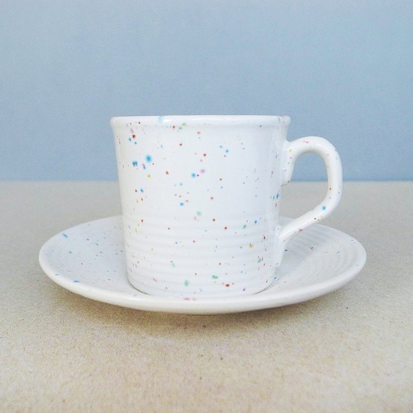 English Vintage Coffee Cup and Sauce JT Made in England Pastel Color Stardust Pattern with  Rib Lines