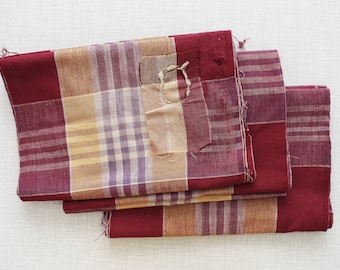 Vintage Japanese 'Boro' Cotton Scraps | Reddish Purple & Yellow Plaid, Patched Fabric, 340cm x 3 pieces