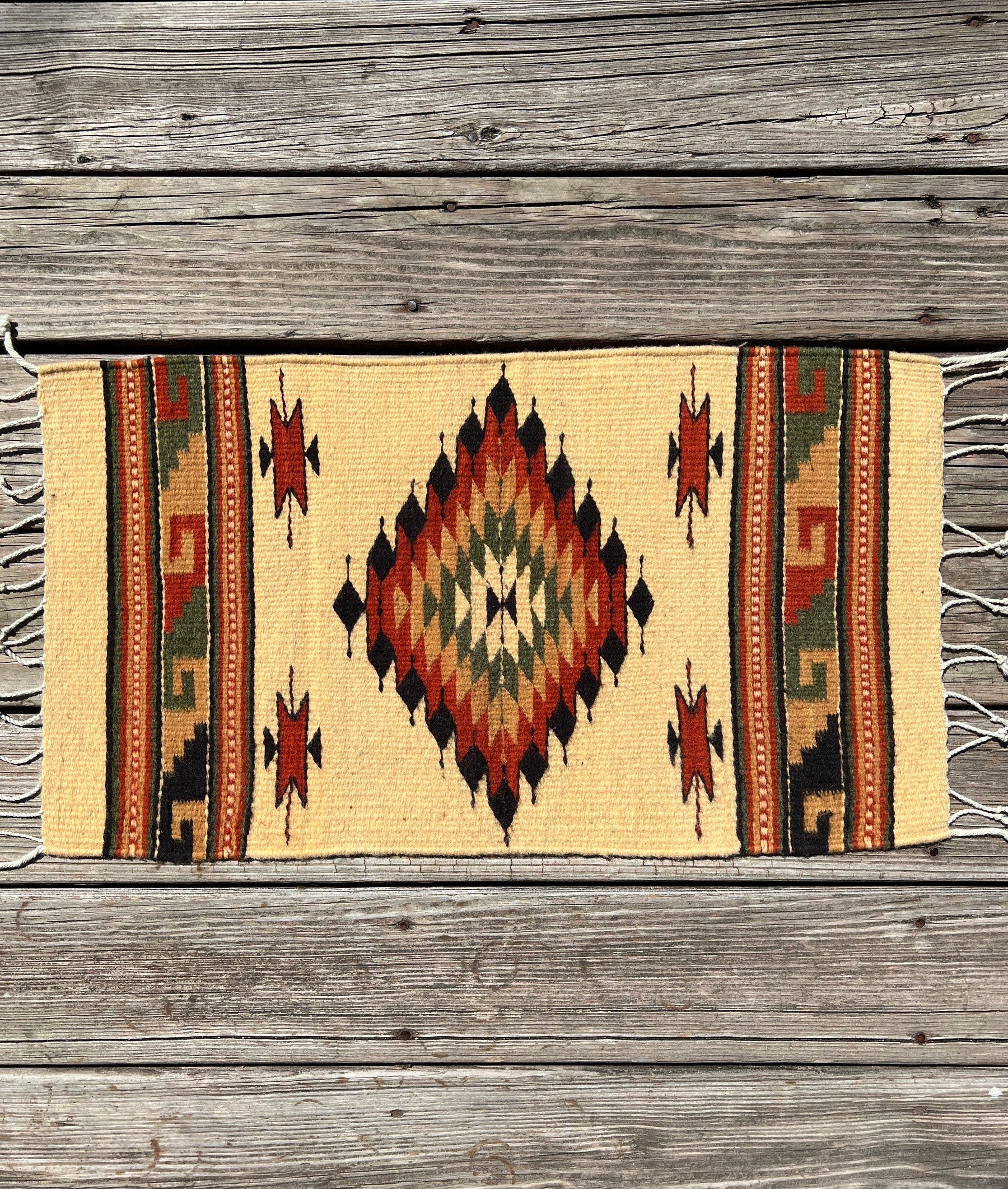 Mexican Wool Yellow Small Rug Handmade Oaxaca Hand-Dyed Natural Pigment  Carpet