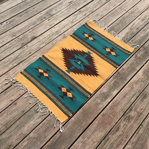 Zapotec Wool Floor Rug, (42" x 22") Handwoven by Master Zapotec Weaver Israel Ruiz in Oaxaca, Mexico