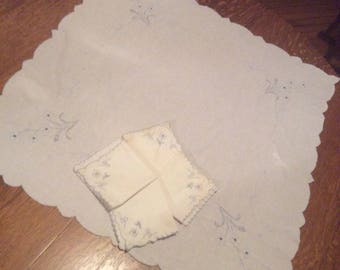 Vintage Blue Embroidered Linen Set Includes Small Table Cloth and Four Napkins