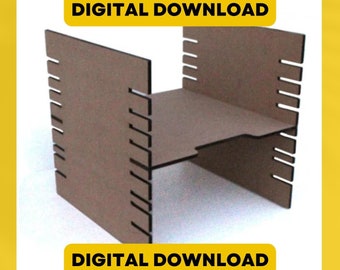 May include: A brown, laser-cut wooden shelf with a two-tiered design. The shelf has a square shape with slotted sides for assembly. The words "DIGITAL DOWNLOAD" are in a yellow banner at the top and bottom of the image.