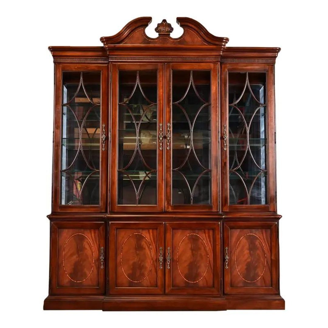 Thomasville Georgian Carved Flame Mahogany Lighted Breakfront