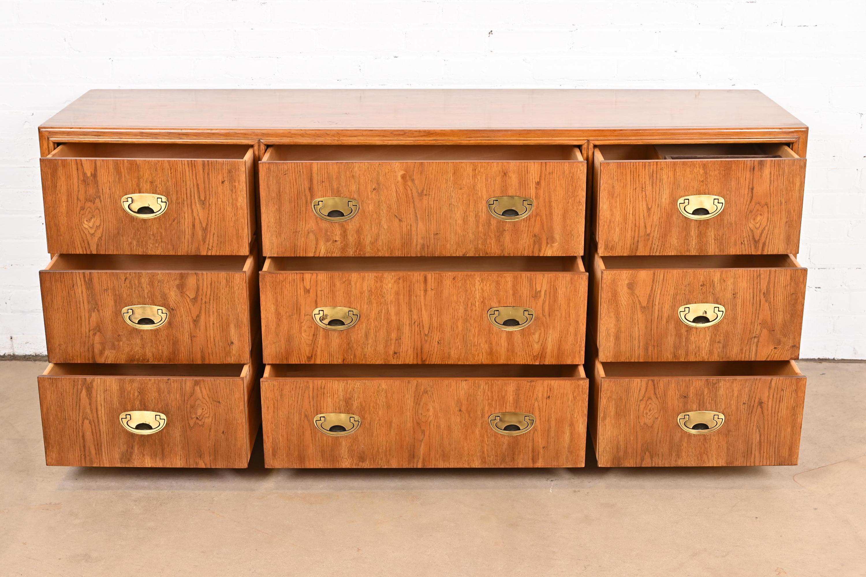 Drexel Heritage Hollywood Regency Campaign Oak Triple Dresser or