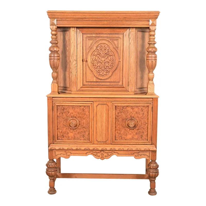 Antique English Jacobean Carved Oak and Burl Wood Bar Cabinet
