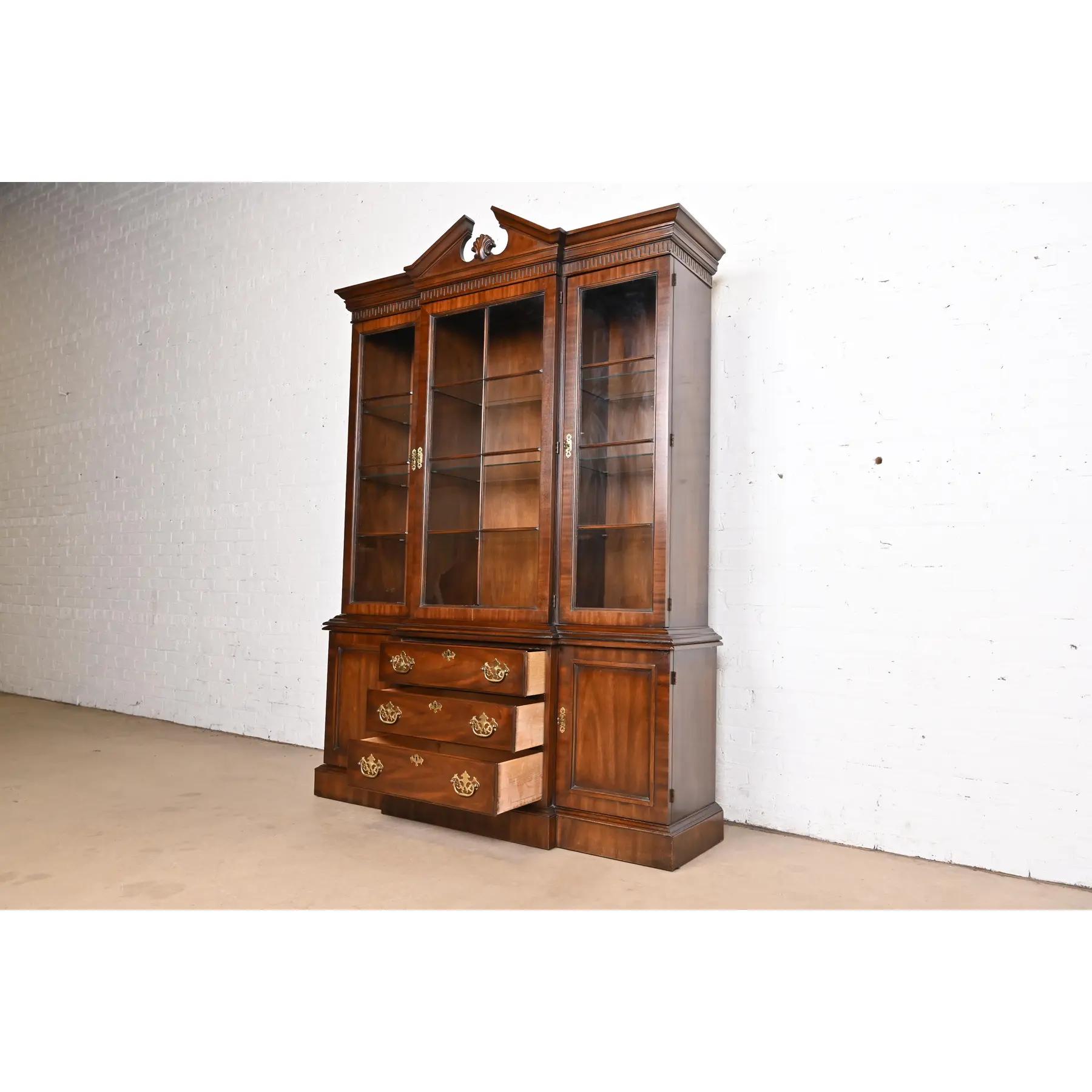 Drexel Heritage Georgian Carved Mahogany Lighted Breakfront