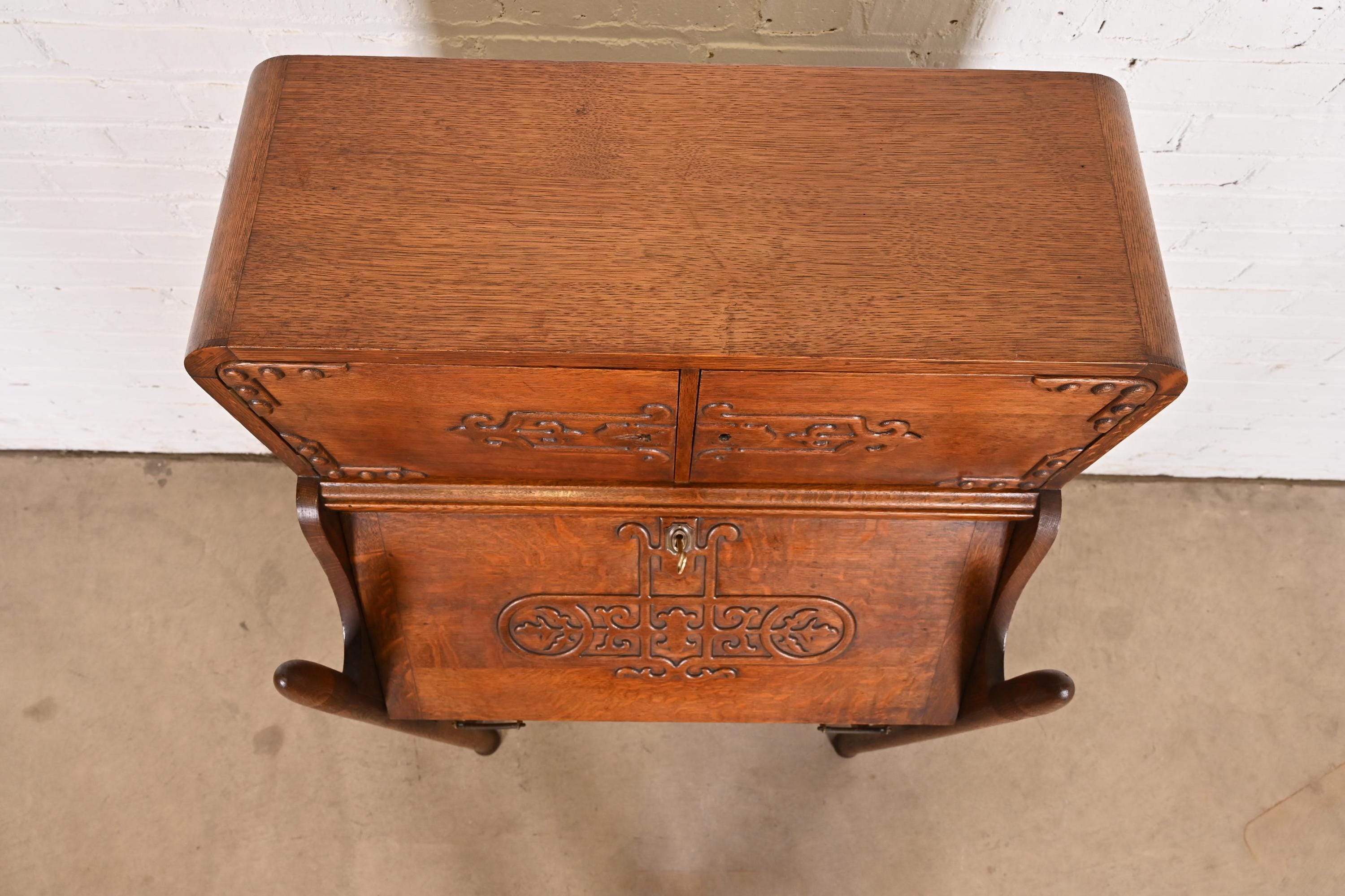 R. J. Horner Style Antique Victorian Carved Oak Slant Front