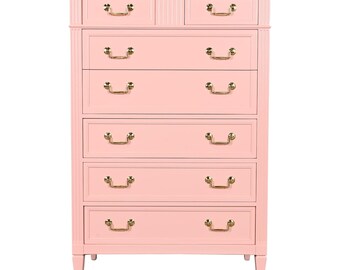 Kindel Furniture French Regency Louis XVI Pink Lacquered Highboy Dresser, Newly Refinished