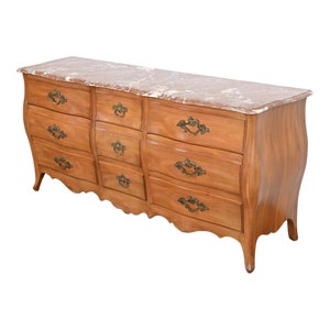 John Widdicomb French Provincial Louis XV Cherry Wood Marble Top Bombe Form Triple Dresser