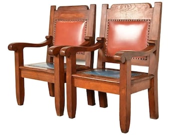 Harden Furniture Style Antique Arts & Crafts Carved Oak Library Chairs, Pair