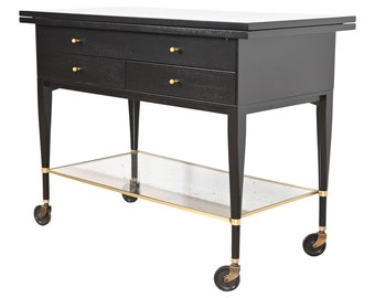 Paul McCobb for Directional Mid-Century Modern Black Lacquered Flip Top Server Bar Cart, Newly Refinished