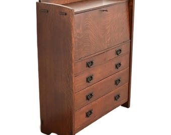 Gustav Stickley Antique Mission Oak Arts & Crafts Drop Front Secretary Desk, Circa 1910