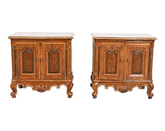 Drexel Heritage French Provincial Louis XV Carved Walnut Nightstands, Pair