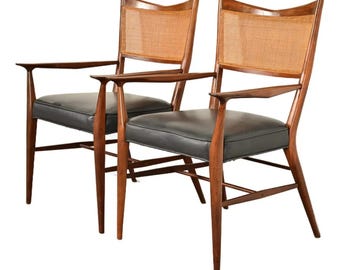 Paul McCobb for Directional Mid-Century Modern Sculpted Walnut Cane Back Armchairs, Pair