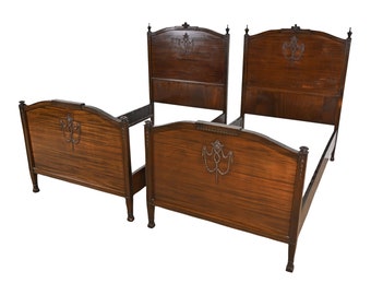 Antique French Regency Louis XVI Carved Mahogany Twin Size Beds, Pair