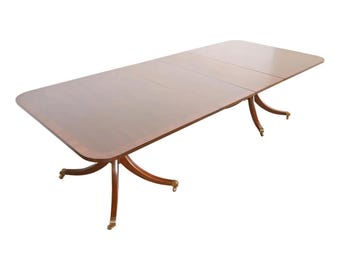 Kittinger Georgian Banded Mahogany Double Pedestal Extension Dining Table, Newly Refinished