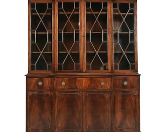 Baker Furniture Style Georgian Flame Mahogany Breakfront Bookcase Cabinet With Drop Front Secretary Desk