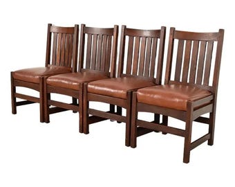 L. & J. G. Stickley Antique Mission Oak Arts and Crafts Dining Chairs, Set of Four
