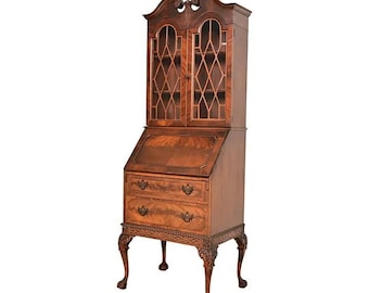 Chippendale Flame Mahogany Drop Front Secretary Desk With Bookcase Hutch by Saginaw Furniture, Circa 1920s