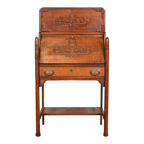 ビンテージ 鳥　オブジェ　レトロ　理科室　書斎　cabinet R. J. Horner Style Antique Victorian Carved Oak Slant Front
