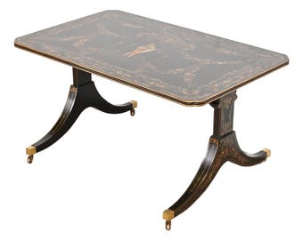 Baker Furniture Style Italian Regency Hand Painted Black Lacquered Coffee Table, Circa 1960s
