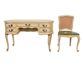 John Widdicomb Style French Provincial Louis XV Cream Lacquered and Gold Gilt Leather Top Ladies Writing Desk and Chair, Circa 1950s